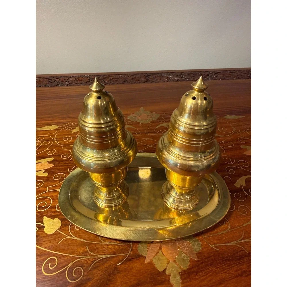 Vintage Brass Salt and Pepper‎ Shaker Set with Tray